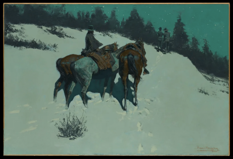 Atlanta Writes- A painting shows two riders on horses pausing on a snowy hill at night, beneath a turquoise sky and dark pines. Farther up the slope, two more riders appear amid their footprints—an evocative scene perfect for a French Broads Lit submission.