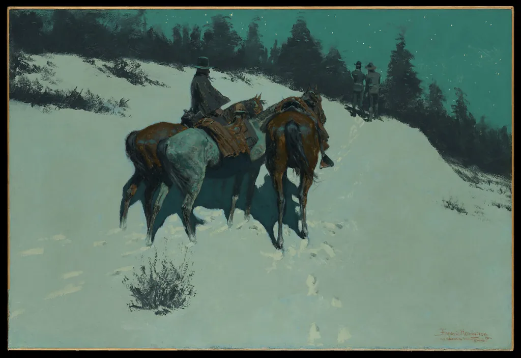 Atlanta Writes- A painting shows two riders on horses pausing on a snowy hill at night, beneath a turquoise sky and dark pines. Farther up the slope, two more riders appear amid their footprints—an evocative scene perfect for a French Broads Lit submission.